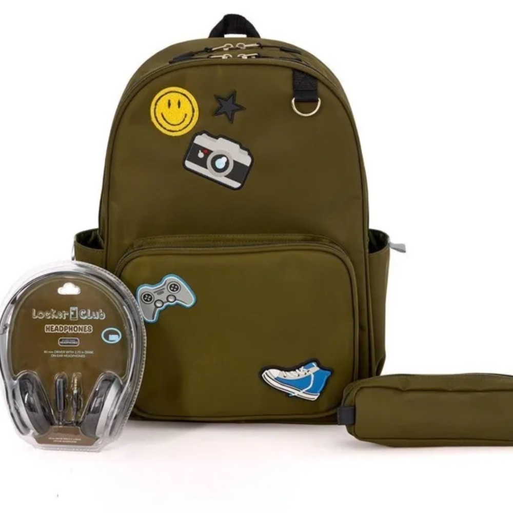 New Locker Club Kids 16L Nylon Backpack with Headphones Pencil Pouch Olive Green